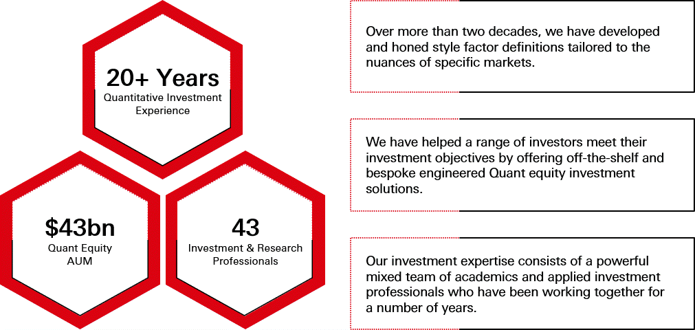 gif with three boxes, reading Over more than two decades, we have developed and honed style factor definitions tailored to the nuances of specific markets. We have helped a range of investors meet their investment objectives by offering off-the-shelf and bespoke engineered Quant equity investment solutions. Our investment expertise consists of a powerful mixed team of academics and applied investment professionals who have been working together for a number of years. 